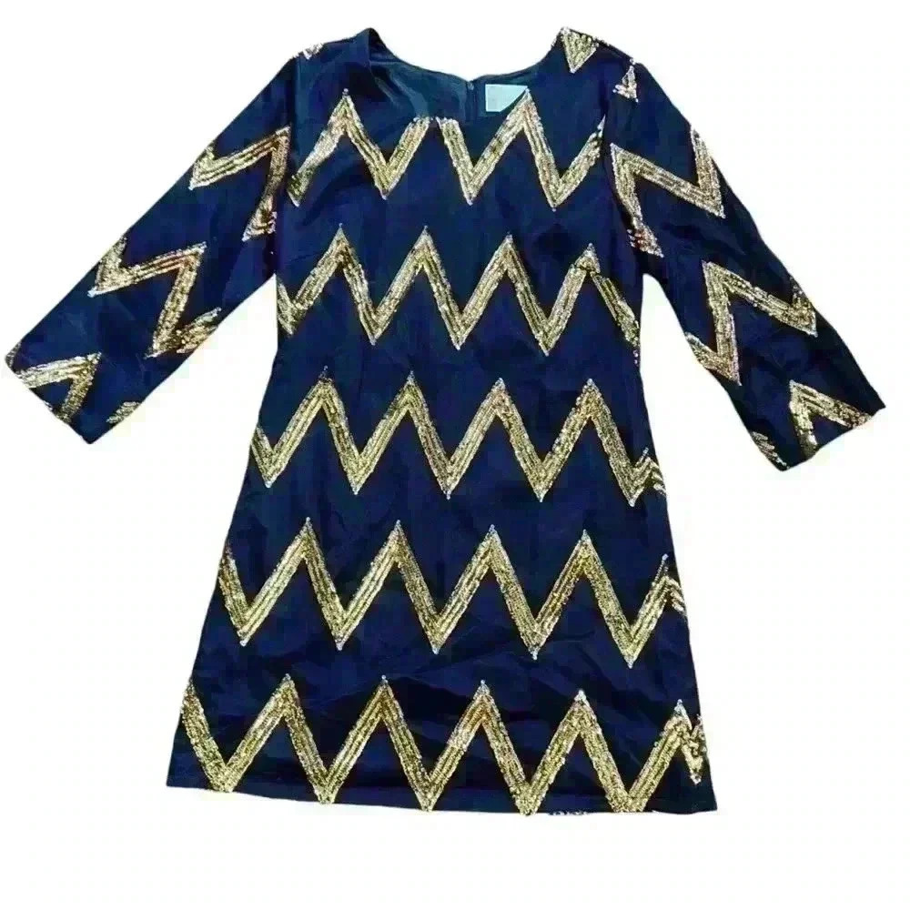 Vintage Julie Brown Cocktail MIDI Dress Size 6 Navy Gold Chevron Party Holiday